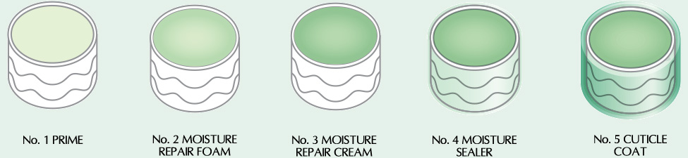 No. 1 PRIME | No. 2 MOISTURE REPAIR FOAM | No. 3 MOISTURE REPAIR CREAM | No. 4 MOISTURE SEALER | No. 5 CUTICLE COAT